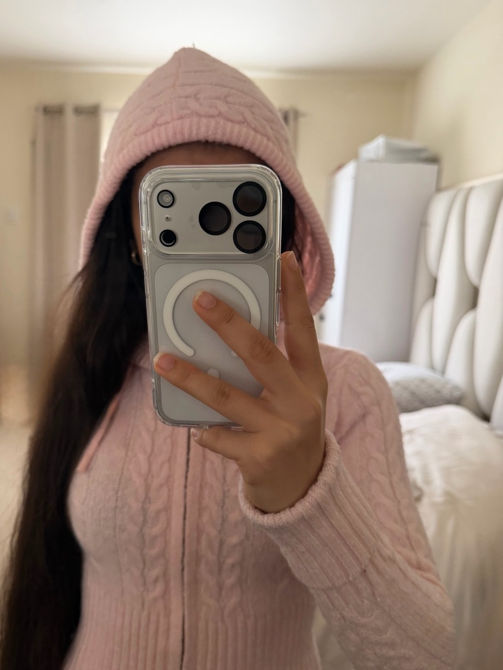 Madden Girl Pink Cable Knit Hooded Sweater